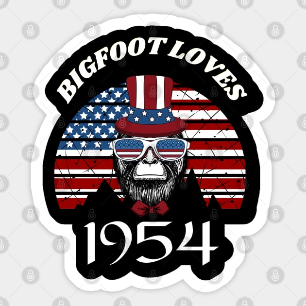 Bigfoot loves America and People born in 1954 Sticker by Scovel Design Shop